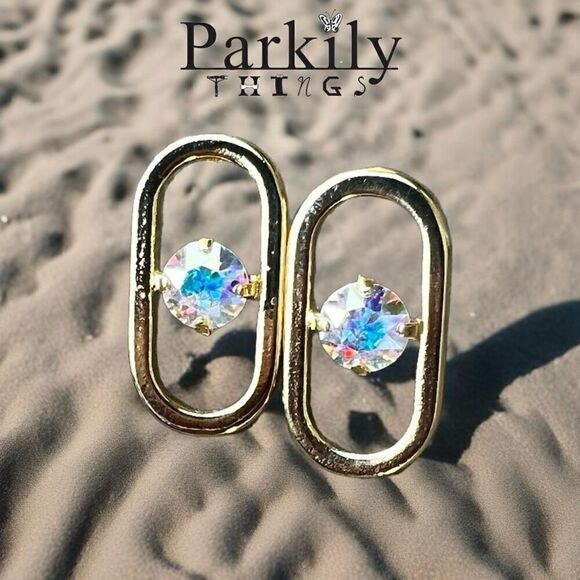Handcrafted post gold earrings with AB Swarovski crystal - Picture 1 of 5